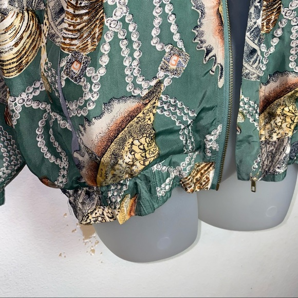 Vintage Shanghai Silk 100% silk green seashell ocean novelty print zip up jacket - Picture 6 of 13